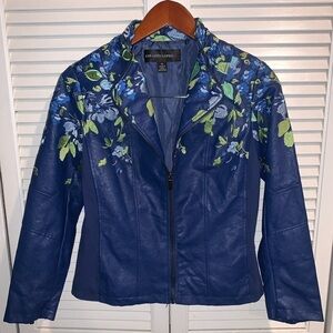 Colleen Lopez Terra Cotta Embroidered Floral Faux Leather Moto Jacket XS